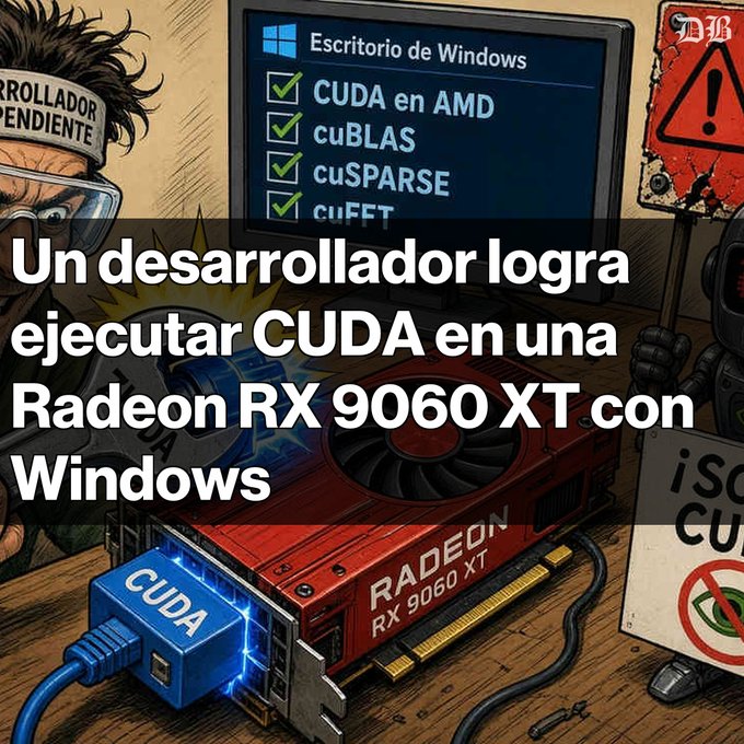 A cartoon depicting a developer plugging a 'CUDA' cable into a red Radeon RX 9060 XT graphics card, with a monitor showing 'Escritorio de Windows' and checkmarks for CUDA en AMD, cuBLAS, cuSPARSE, and cuFFT; the overlay text reads 'Un desarrollador logra ejecutar CUDA en una Radeon RX 9060 XT con Windows'.