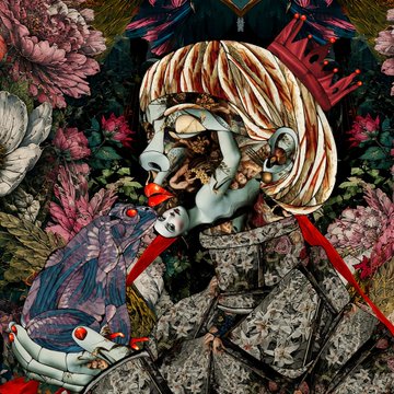 A surreal, ornate collage depicts a regal, clown-like figure surrounded by birds, a parrot, flowers, and patterned clothing.