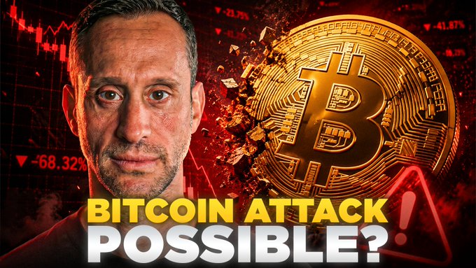 The image is a YouTube thumbnail featuring a man alongside a shattering Bitcoin graphic with red market crash percentages (-68.32%, -72.95%, -41.83%) in the background. Bold text reads "BITCOIN ATTACK! POSSIBLE?" — visually reinforcing the video's premise about how Bitcoin could theoretically be compromised for around $8 billion, as discussed by Duke professor Campbell Harvey.