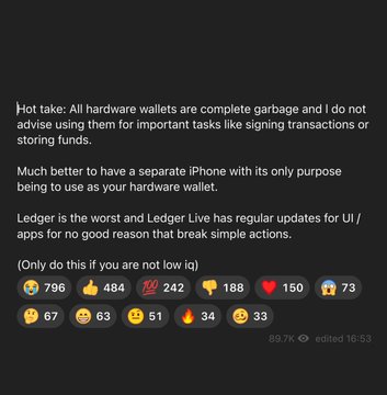 A social media post criticizing hardware wallets and Ledger, advising users to use a separate iPhone as a hardware wallet, with 89.7K views and various engagement emojis.