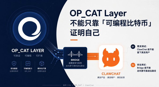 A presentation slide titled 'OP_CAT Layer' in Chinese explains that the layer cannot rely solely on 'programmable Bitcoin' to prove itself, highlighting features like secure verification, OP_CAT programmability, and modular extensibility.