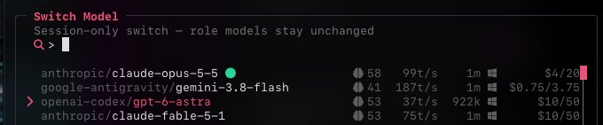 A "Switch Model" interface listing options including anthropic/claude-opus-5-5 (99t/s, $4/20) and openai-codex/gpt-o-astra (37t/s, $10/50), illustrating the post's claim that Opus-5.5 is significantly faster and cheaper than Astra, with Astra's only redeeming quality noted being its strength in Swift and Rust programming.