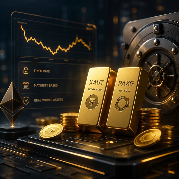 The image features a gold bar, two gold coins, and some stacks of gold coins placed on a black surface. The gold bars are positioned next to each other with their ends touching, while the gold coins are scattered around them. The scene is set against a dark background, which emphasizes the gold elements in the image.

The post about fixed rate markets introduces XAUT and PAXG as real world assets that can be held on chain or in a vault. It also mentions the terms "real world assets" and "fixed rate markets," indicating that these are tangible items with financial value. The image captures this moment, showcasing the gold coins and bars alongside the post's content.