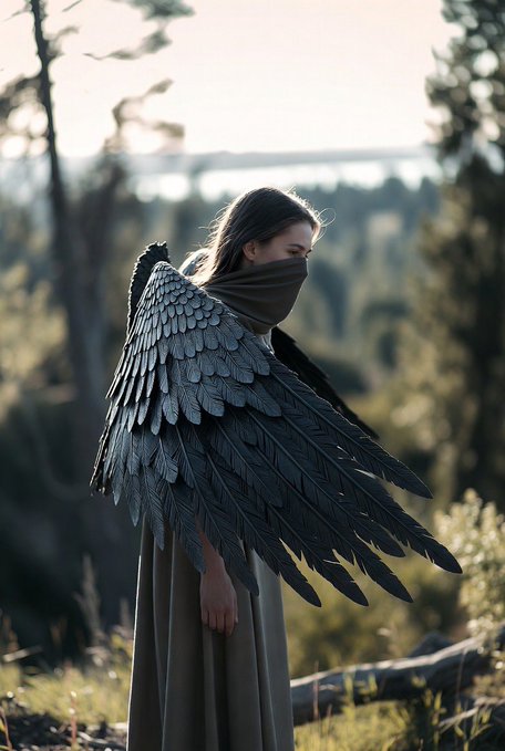 A person wearing dark feathered wings and a face covering stands in a misty forest, holding out an arm in a graceful pose.