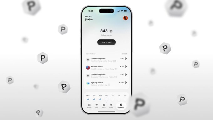 The image shows a smartphone displaying the Pulsar app with 843 pulsar points earned, showing recent activities like "Quest Completed," "Referral bonus," and a "Sign-up bonus" of 250, surrounded by floating "P" icons. The screen highlights the rewards and earnings features that align with the post's message about Pro members gaining enhanced control over cashback rates on card spending compared to free users.