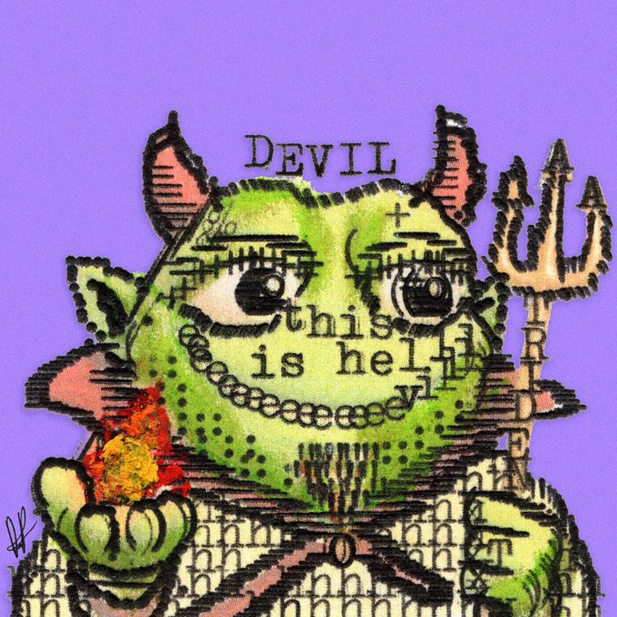 An illustration of a green devil character with a trident, labeled 'DEVIL', with the text 'this is hell' on its forehead, set against a purple background.
