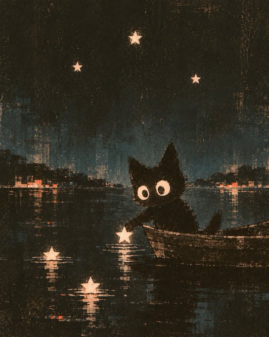 A stylized illustration shows a wide-eyed black cat paddling a small wooden boat across dark water at night, reaching toward a glowing star that has fallen from the sky, with additional stars twinkling above and reflections shimmering on the water. The whimsical scene perfectly matches the post's whimsical caption about needing to rescue a fallen star at the end of the day.