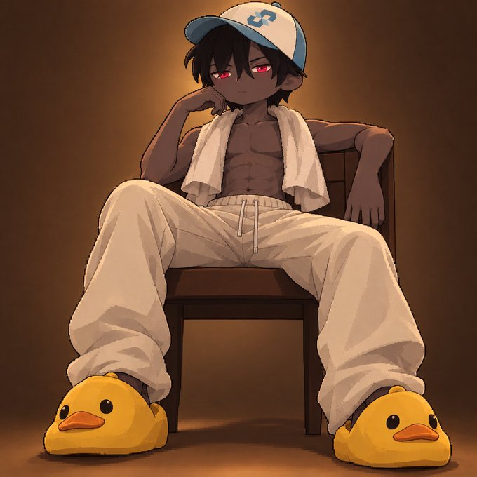 An anime-style illustration shows a dark-skinned character with red eyes sitting on a wooden chair, wearing a white cap with a blue logo, an open jacket, and oversized yellow duck slippers.