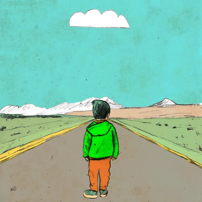 A young boy in a green jacket and orange pants stands on a road gazing toward distant mountains beneath a single white cloud, evoking a sense of hopeful journey. The illustration pairs with a cheerful "GM crypto" greeting, symbolizing optimism and new beginnings for the XRP community.