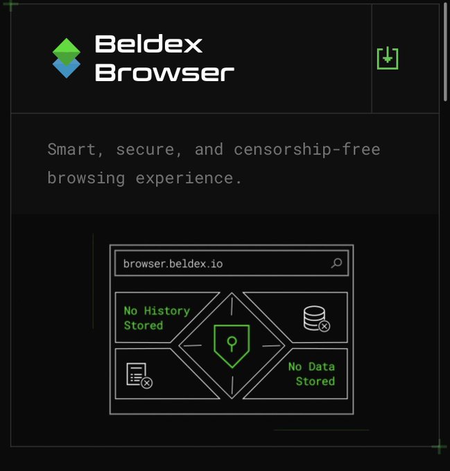 The image promotes "Beldex Browser" with the tagline "Smart, secure, and censorship-free browsing experience," featuring a dark-themed interface displaying the URL "browser.beldex.io" and highlighting key privacy features including "No History Stored" and "No Data Stored," complemented by shield and database icons that visually reinforce the privacy-focused message of the accompanying post about user control over information.