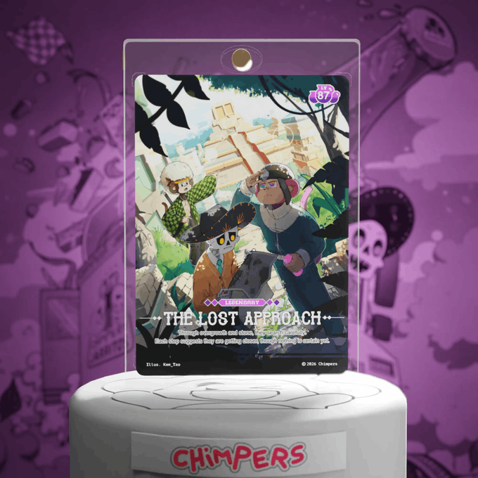 A 'Chimpers' NFT trading card titled 'THE LOST APPROACH' (Legendary, #87) displayed in a clear case on a pedestal, featuring three chimp characters with a tombstone and jungle ruins, set against a purple Chimpers-themed background.