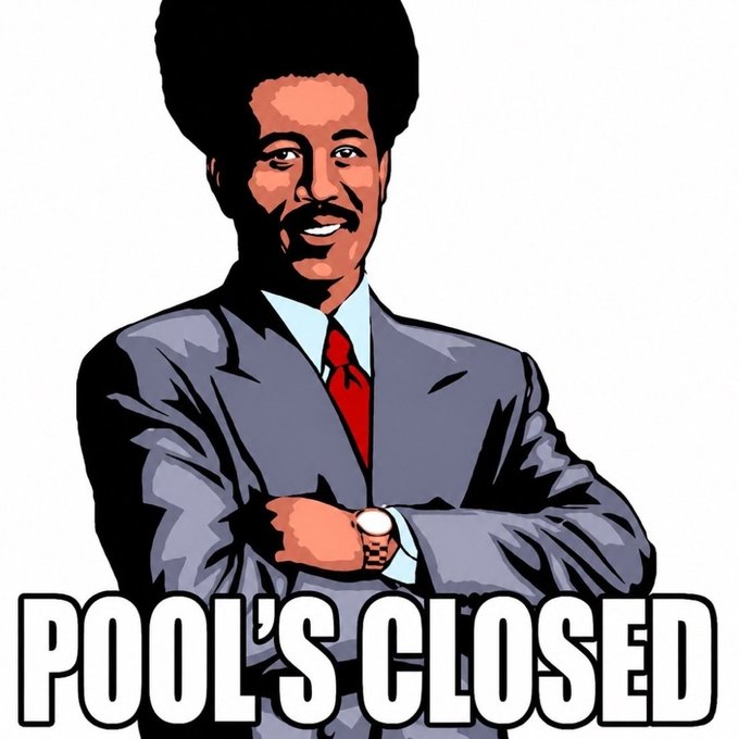 A stylized illustration of a confident Black man in a gray suit and red tie with crossed arms, accompanied by the bold text "POOL'S CLOSED" — humorously answering the post's question about whether the pool is open or closed, while also referencing the $POOL token contract address (0x034d81835137ea6579a3824fc47176ade055c76d) as a tongue-in-cheek way of announcing the token's status.