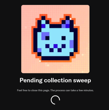 A loading screen with a pixel-art blue cat-like character and text reading 'Pending collection sweep' and 'Feel free to close this page. The process can take a few minutes.'