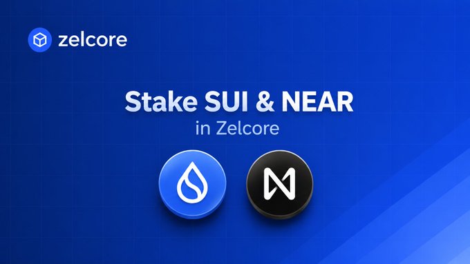 A promotional graphic for Zelcore featuring the headline "Stake SUI & NEAR in Zelcore," accompanied by the blue Zelcore logo and circular icons representing the SUI (water drop symbol) and NEAR (black circle with "N") cryptocurrencies against a deep blue gradient background.