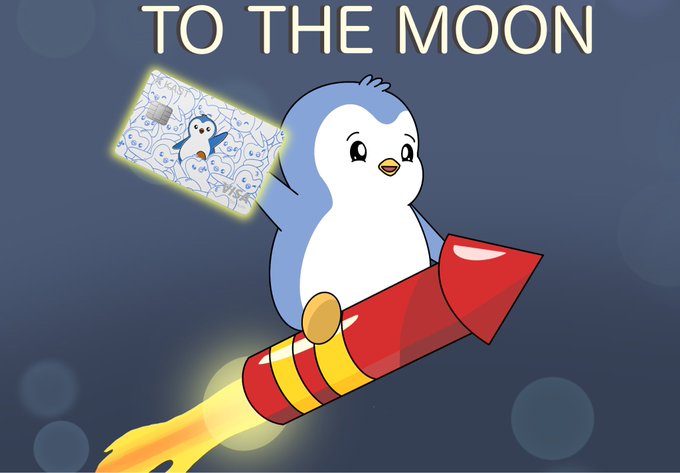 A cartoon penguin riding a rocket with 'TO THE MOON' text, holding a circuit board, set against a dark blue background.