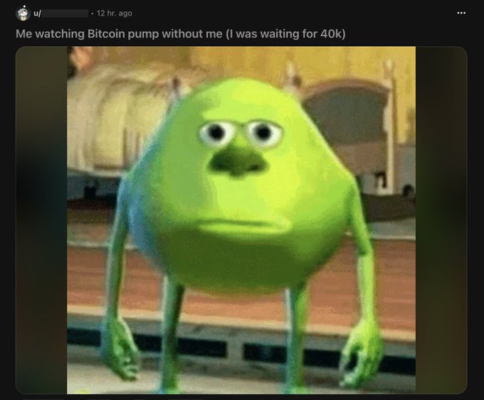A Reddit post captioned 'Me watching Bitcoin pump without me (I was waiting for 40k)' shows a screenshot of Mike Wazowski from Monsters Inc. standing with a confused, defeated expression.
