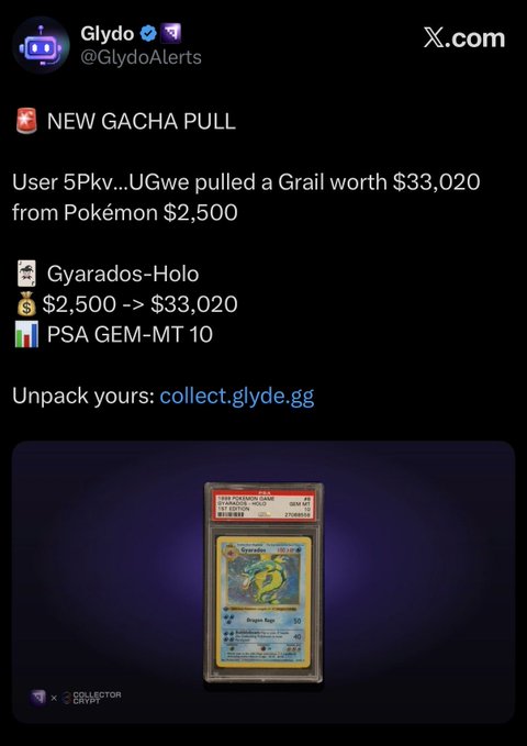 A tweet from @GlydoAlerts announcing a 'NEW GACHA PULL', noting that user '5Pkv...UGwe pulled a Grail worth $33,020 from Pokémon $2,500', showing a PSA GEM-MT 10 Gyarados card.
