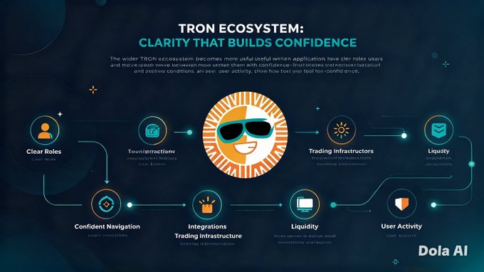 An infographic titled 'TRON ECOSYSTEM: CLARITY THAT BUILDS CONFIDENCE' featuring a central emoji wearing sunglasses and various labeled icons including 'Clear Roles,' 'Trading Infrastructure,' 'Liquidity,' and 'User Activity,' branded with 'Dola AI' in the corner.