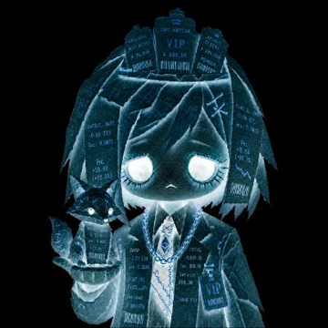A glowing cyan holographic-style anime character with bright white eyes holding a small cat, surrounded by floating text and data including 'VIP', 'Pro Expert', and 'System Statistics'.