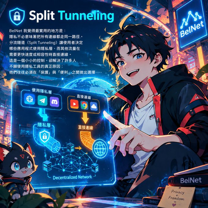 An anime-style promotional graphic featuring 'Split Tunneling' for 'BelNet', showing a character pointing at a holographic interface explaining decentralized network features with Chinese text.