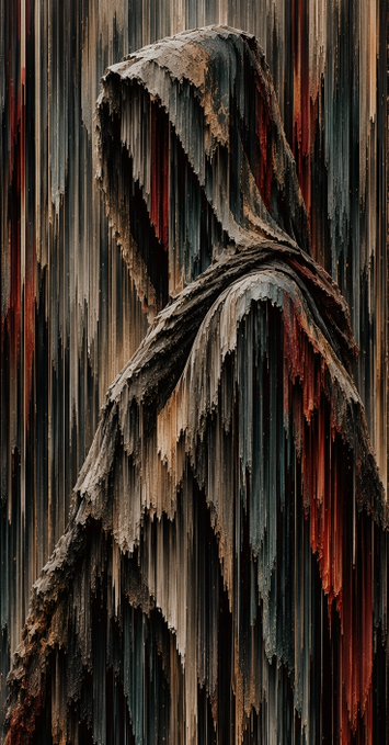 An abstract, textured digital artwork depicting a hooded figure with pixelated, glitch-like vertical lines in dark red, brown, and teal tones.