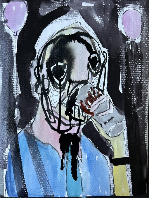 A painted artwork of a menacing figure in a hoodie holding a bottle labeled 'COFFEE', with purple balloons floating in the dark, dripping background.