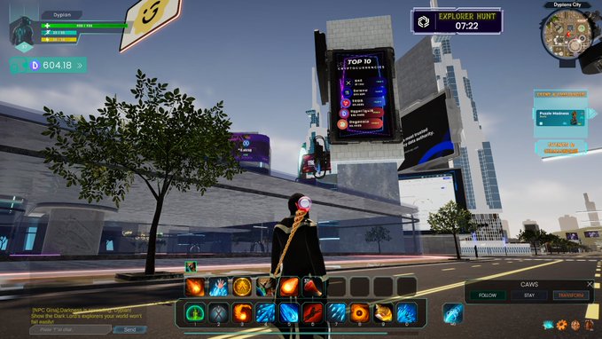 A player character in a futuristic city game approaches a digital billboard displaying a "TOP 10 CRYPTOCURRENCIES" leaderboard powered by CoinMarketCap, with an active "EXPLORER HUNT" timer showing 07:22 in the corner. The in-game UI includes various crypto-themed abilities at the bottom, illustrating how real-time market data is seamlessly integrated into the MMORPG world.