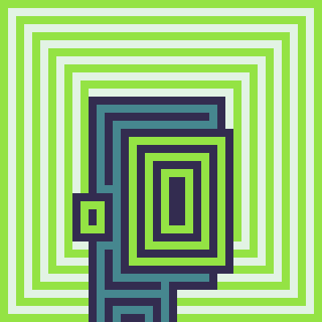 A digital artwork featuring a pixelated character resembling a magnifying glass or device set against a geometric background of concentric green and white squares.