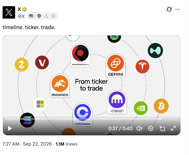 A post from X (Twitter) by @X reading 'timeline. ticker. trade.' with an embedded video showing various crypto and finance platform logos including Gemini, Kraken, Coinbase, and Moomoo.