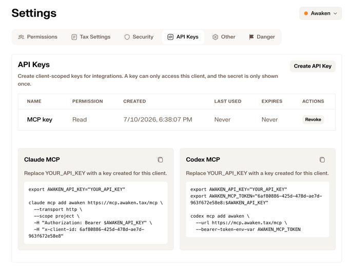 A Settings page showing the API Keys tab for "Awaken," displaying one MCP key with Read permission and instructions for setting up Claude MCP and Codex MCP with command-line configurations.