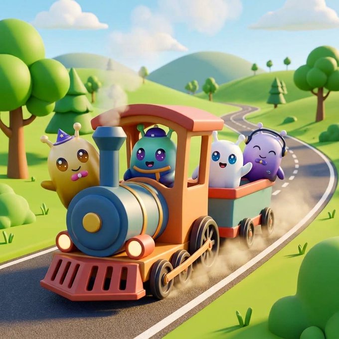 A cheerful 3D-rendered illustration shows a colorful cartoon train carrying four cute alien-like creatures along a winding road through green hills, with one wearing a wizard hat matching the post's "Nullhood" branding. The whimsical scene aligns with the post's announcement of a free mint of 969 "Nulls" NFT collection launching on Robinhood and OpenSea.
