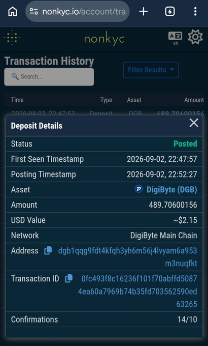 Screenshot of a nonkyc.io transaction history page showing a successful Posted deposit of 489.70600156 DigiByte (DGB) valued at ~$2.15 on the DigiByte Main Chain with 14/10 confirmations.