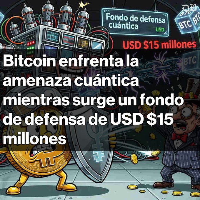 A graphic illustration with Spanish text reading 'Bitcoin enfrenta la amenaza cuántica mientras surge un fondo de defensa de USD $15 millones', depicting a Bitcoin character with a shield.