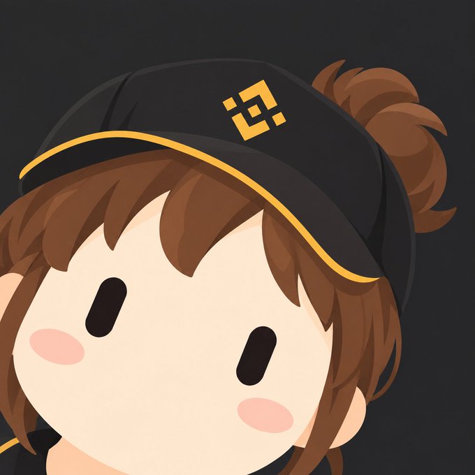 A close-up illustration of a cute anime-style character with brown hair wearing a black beanie featuring a yellow Binance (BNB) logo.