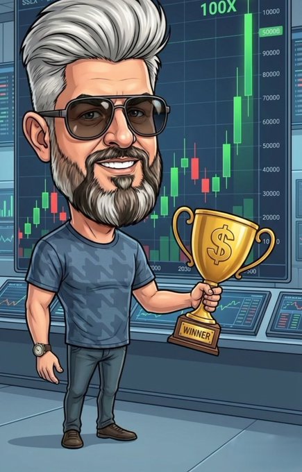 A cartoon avatar of a silver-haired, bearded man in sunglasses proudly holds a golden trophy labeled "WINNER" in front of a bullish candlestick chart showing "100X" gains, symbolizing success in the SL8 competition to win prizes like the 50G Silver bar for $XLM.