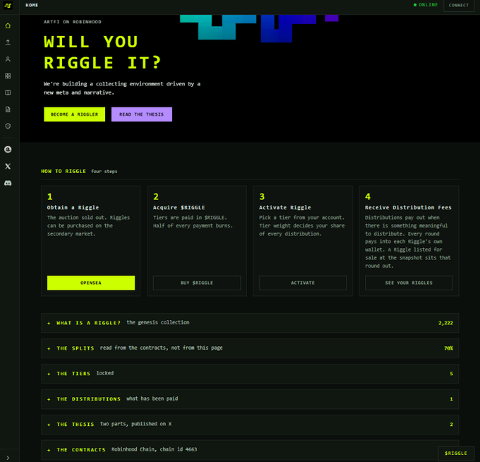 A screenshot of a website titled "ARTFI ON ROBINHOOD / WILL YOU RIGGLE IT?" explaining a four-step process to obtain a Riggle NFT on OpenSea, with metrics showing the collection stats.