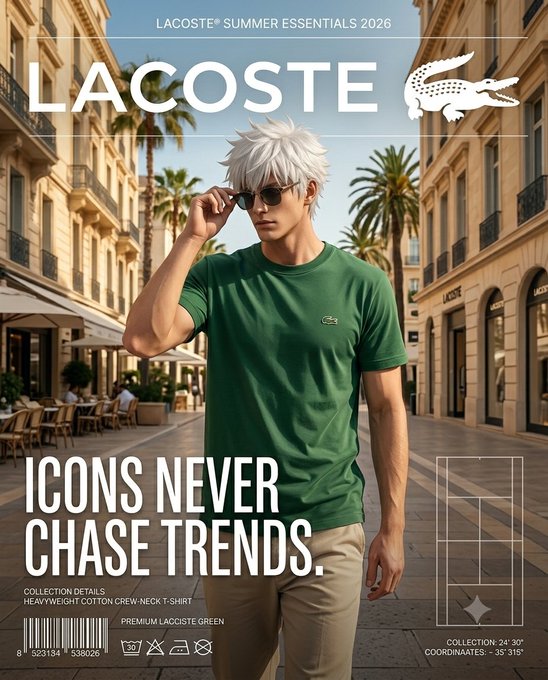 A Lacoste Summer Essentials 2026 advertisement featuring a white-haired anime-style character wearing sunglasses and a green Lacoste t-shirt on a European street, with the tagline 'ICONS NEVER CHASE TRENDS.'