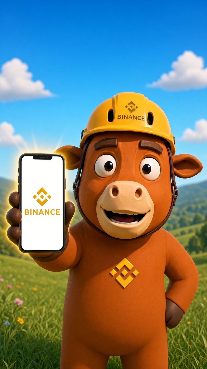 A 3D-rendered cartoon mascot wearing a yellow Binance hard hat and orange suit, holding a smartphone displaying the Binance logo in a grassy field.