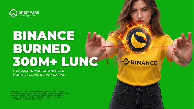 A green promotional banner for "ORBIT WIRE" advertises "BINANCE BURNED 300M+ LUNC" as part of Binance's monthly LUNC burn program, featuring a woman in a Binance shirt.