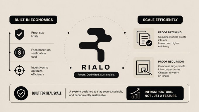 An infographic for 'RIALO - Proofs. Optimized. Sustainable.' highlighting features like 'Built-in Economics' (proof size limits, fees based on verification cost, incentives) and 'Scale Efficiently' (proof batching, proof recursion).
