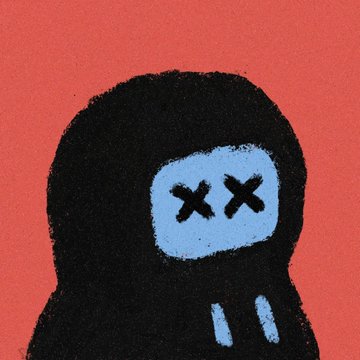 Artwork featuring a black hooded figure with a light blue face displaying X eyes for eyes, set against a red background.