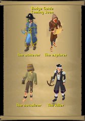 The image displays a "Badge Guide Coming Soon" poster featuring four cartoon character classes for an upcoming game: "The Collector," "The Explorer," "The Socializer," and "The Killer," each dressed in distinctive pirate-themed outfits. This relates to the post by teasing that LNRA badge holders will soon learn more about their role-based rewards and commitment pool access.