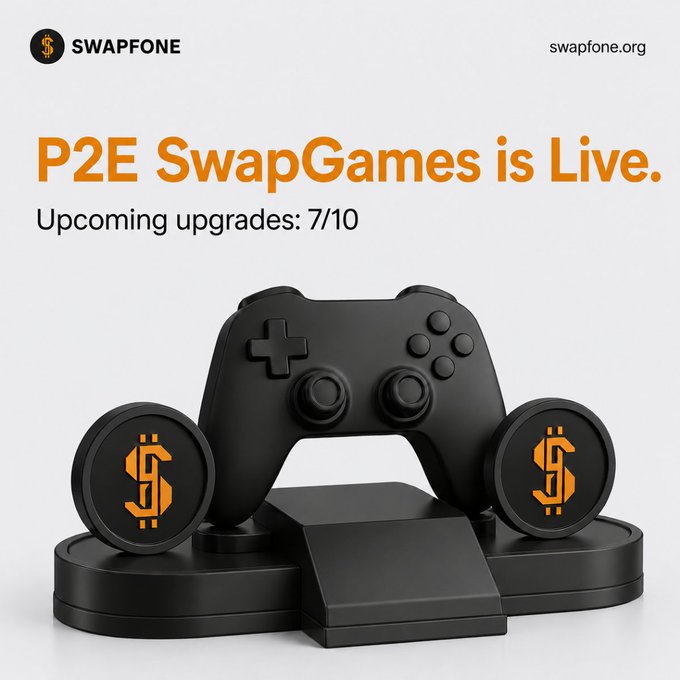 A promotional graphic for Swapfone featuring a black game controller flanked by two gold "$" coin tokens on a black pedestal, with the headline "P2E SwapGames is Live" and "Upcoming upgrades: 7/10," indicating that the Play2Earn SwapGames feature is the seventh of ten upcoming mainnet upgrades launching in the Swapfone app.