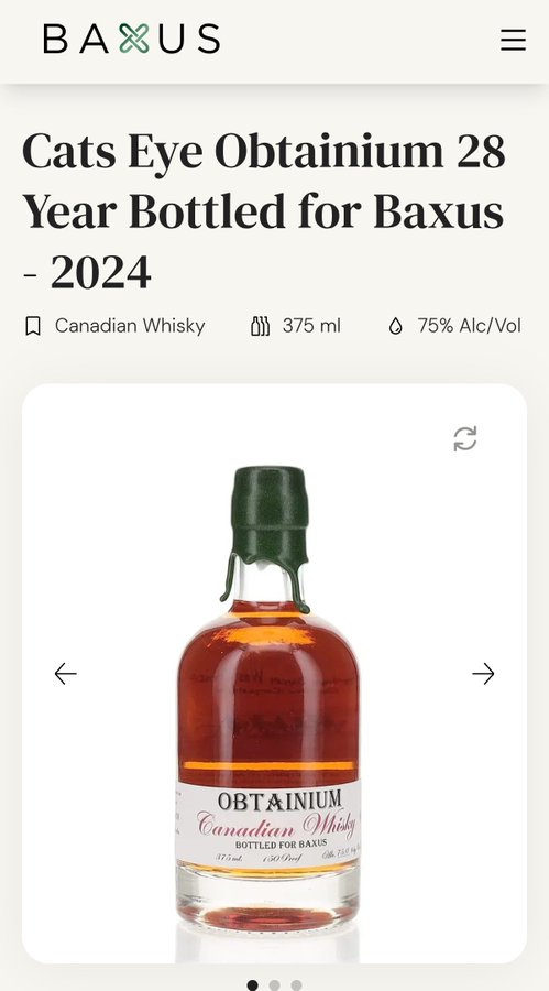 BAXUS product page showing 'Cats Eye Obtainium 28 Year Bottled for Baxus - 2024', a Canadian Whisky, 375 ml, 75% Alc/Vol, with an image of the dark amber bottle featuring a dark green wax-sealed cap.