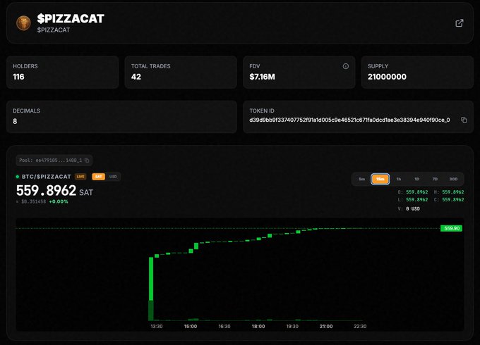 Cryptocurrency dashboard for $PIZZACAT showing 116 holders, 42 total trades, $7.16M FDV, and a supply of 21,000,000 tokens trading at 559.8962 SAT up 0.00%.