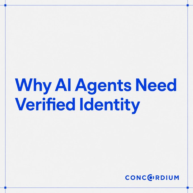 The image is a minimalist title card featuring the bold blue headline "Why AI Agents Need Verified Identity" on a light gray background, with the "CONCORDIUM" logo in the bottom right corner. It serves as a visual introduction to the post's theme, highlighting the critical challenge of establishing trustworthy authorization and identity verification for autonomous AI agents operating in financial transactions.
