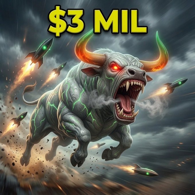 A dramatic digital artwork showing a fierce bull with glowing red eyes and green lightning-like veins charging forward while missiles fly around it, with bold yellow text reading '$3 MIL' at the top.