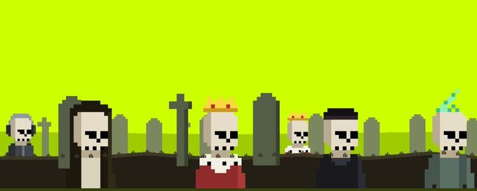 A pixel art scene depicts several skeleton characters in a graveyard setting under a bright green sky, with one skeleton wearing a crown and red robe, another wearing a party hat, and others in formal attire among tombstones and a cross. The image visually represents the "NFT decay" concept from the Robinhood Brokers NFT project, where staked characters remain alive while unstaked ones risk "dying" in this graveyard-like afterlife.