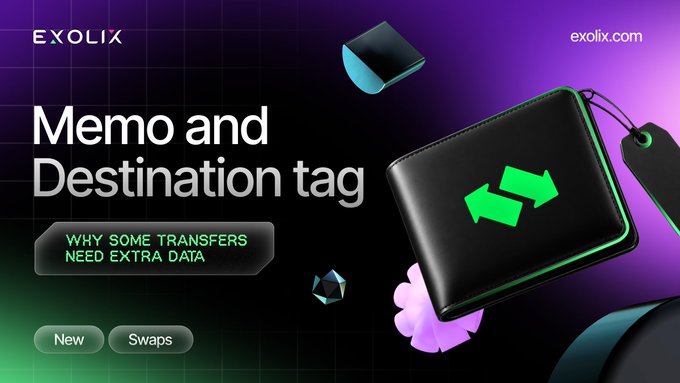 Promotional graphic for EXOLIX featuring 'Memo and Destination tag' text and 'WHY SOME TRANSFERS NEED EXTRA DATA' against a purple background with a black wallet icon.