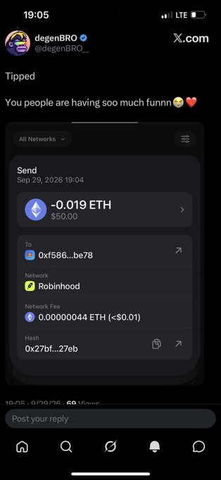 A screenshot of an X.com post by 'degenBRO' showing a 'Tipped' notification with a transaction of '-0.019 ETH' sent to 'Robinhood'.